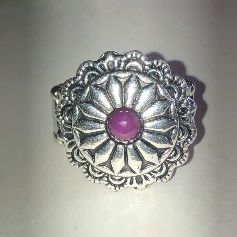 Silver Tone Floral Medallion Ring with Purple Center